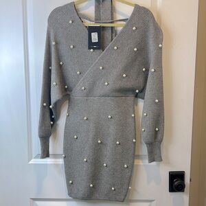 Fashion Nova grey sweater dress with pearls and tie waist